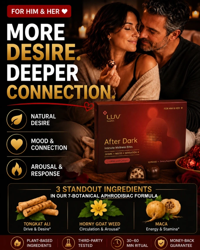 LUV After Dark intimacy chocolates for low sex drive support, Cookies and Cream botanical chocolate for couples